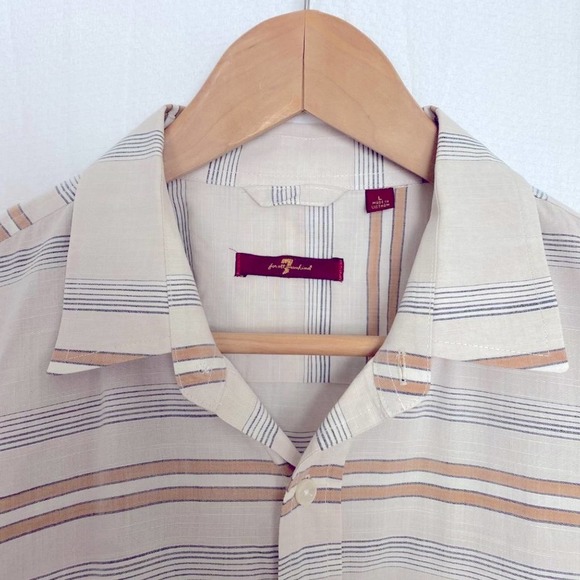 7 for all Mankind Mens Striped Button Down Shirt Lareg Cream Beige Long Sleeve - Picture 3 of 9